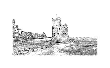 Print Building view with landmark of Rapallo, İtalya 'da bir şehirdir. Vektörde elle çizilmiş çizim çizimi.