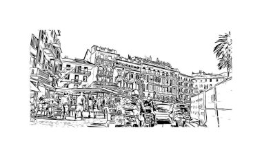 Print Building view with landmark of Rapallo, İtalya 'da bir şehirdir. Vektörde elle çizilmiş çizim çizimi.