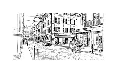 Print Building view with landmark of Rapallo, İtalya 'da bir şehirdir. Vektörde elle çizilmiş çizim çizimi.