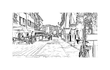 Print Building view with landmark of Rapallo, İtalya 'da bir şehirdir. Vektörde elle çizilmiş çizim çizimi.