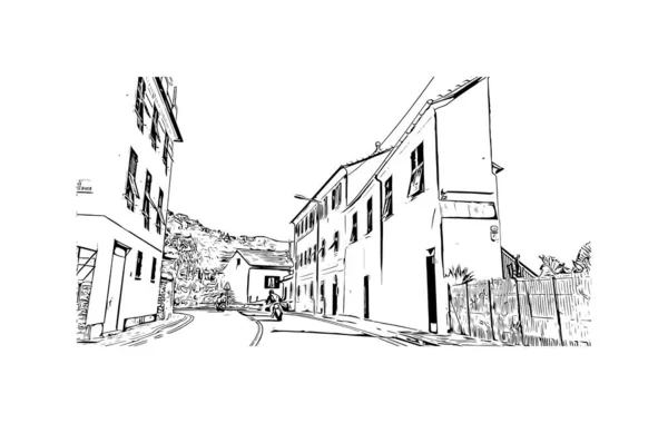 Print Building Näkymä Kanssa Maamerkki Rapallo Kunta Italiassa Käsin Piirretty — vektorikuva