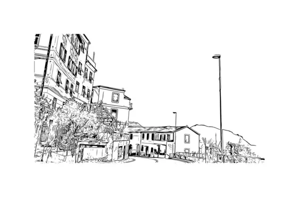 Imprimir Vista Del Edificio Con Hito Rapallo Municipio Italia Dibujo — Vector de stock
