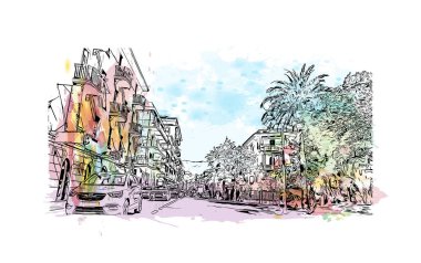 Print Building view with landmark of Rapallo, İtalya 'da bir şehirdir. Vektörde elle çizilmiş resim ile suluboya sıçraması.