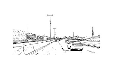 Print Building view with landmark of Ras Al Khaimah is the United Arab Emirates. El çizimi çizimi I vektörü.