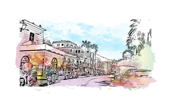 Tisk Pohled Budovu Orientačním Bodem Rapallo Obcí Itálii Akvarelové Stříknutí — Stockový vektor