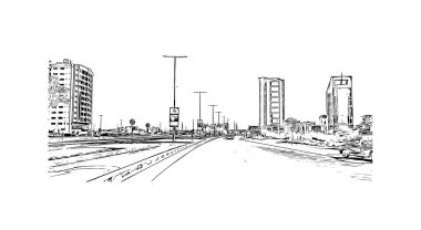 Print Building view with landmark of Ras Al Khaimah is the United Arab Emirates. El çizimi çizimi I vektörü.