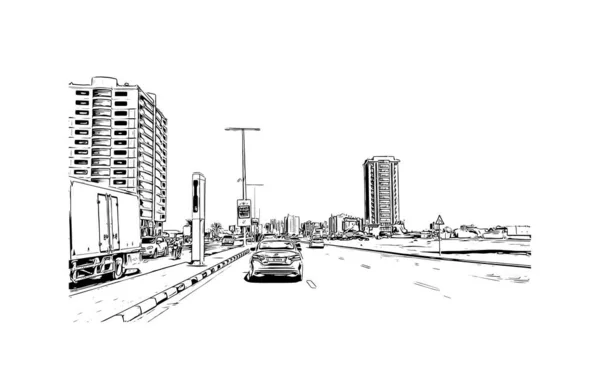 具有Ras Khaimah地标的印刷建筑景观是阿拉伯联合酋长国的城市 手绘草图说明I矢量 — 图库矢量图片