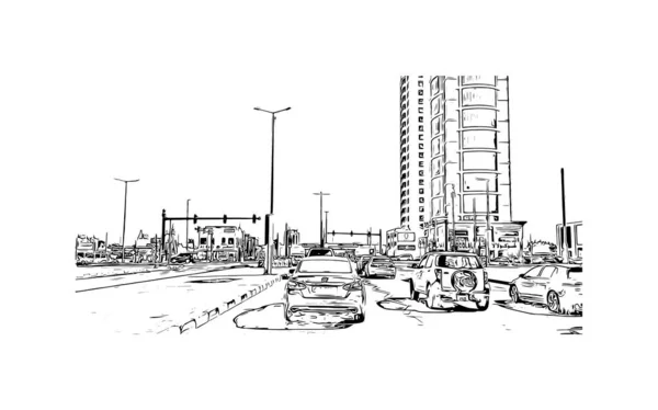 Print Building View Landmark Ras Khaimah Staden Förenade Arabemiraten Handritad — Stock vektor