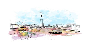 Print Building view with landmark of Ras Al Khaimah is the United Arab Emirates. El çizimi çizimi I vektörü ile suluboya sıçraması.