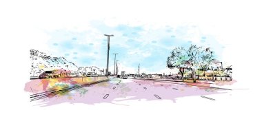 Print Building view with landmark of Ras Al Khaimah is the United Arab Emirates. El çizimi çizimi I vektörü ile suluboya sıçraması.