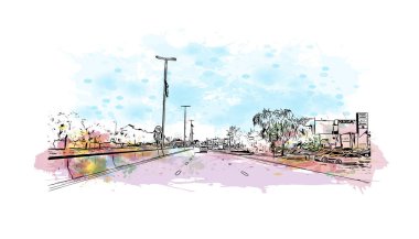 Print Building view with landmark of Ras Al Khaimah is the United Arab Emirates. El çizimi çizimi I vektörü ile suluboya sıçraması.