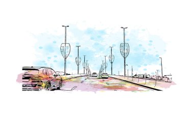 Print Building view with landmark of Ras Al Khaimah is the United Arab Emirates. El çizimi çizimi I vektörü ile suluboya sıçraması.