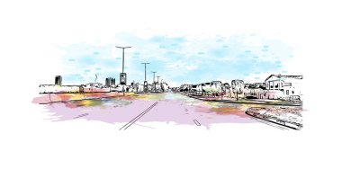 Print Building view with landmark of Ras Al Khaimah is the United Arab Emirates. El çizimi çizimi I vektörü ile suluboya sıçraması.  