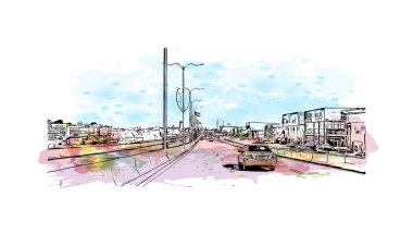 Print Building view with landmark of Ras Al Khaimah is the United Arab Emirates. El çizimi çizimi I vektörü ile suluboya sıçraması.  