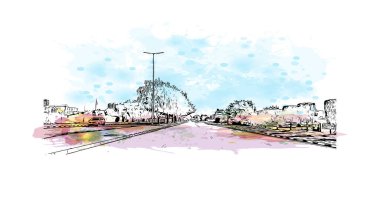 Print Building view with landmark of Ras Al Khaimah is the United Arab Emirates. El çizimi çizimi I vektörü ile suluboya sıçraması.  