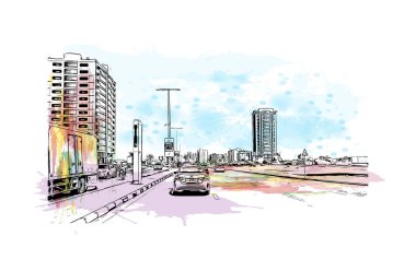 Print Building view with landmark of Ras Al Khaimah is the United Arab Emirates. El çizimi çizimi I vektörü ile suluboya sıçraması.  