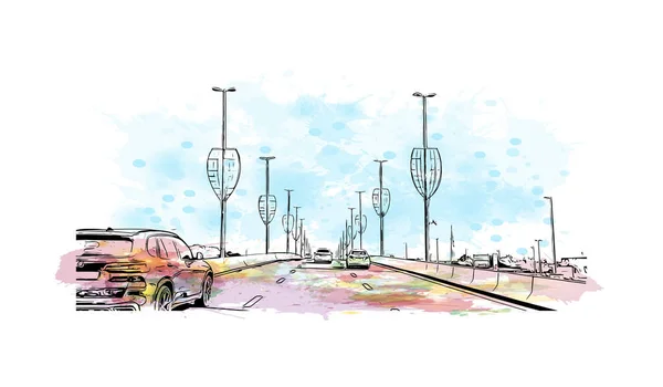 라스알 Ras Khaimah 랜드마크가 아랍에미리트의 도시이다 수채화 손으로 스케치 일러스트 — 스톡 벡터