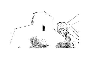 Print Building view with landmark of Ravello is the town in Italy. Vektörde elle çizilmiş çizim çizimi.