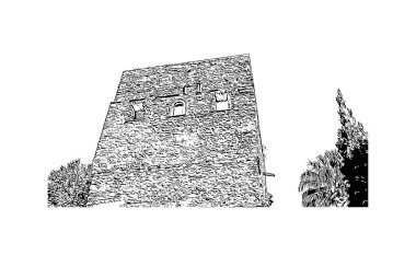 Print Building view with landmark of Ravello is the town in Italy. Vektörde elle çizilmiş çizim çizimi.