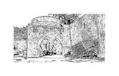 Print Building view with landmark of Ravello is the town in Italy. Vektörde elle çizilmiş çizim çizimi.