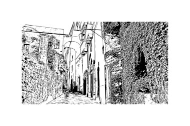 Print Building view with landmark of Ravello is the town in Italy. Vektörde elle çizilmiş çizim çizimi.
