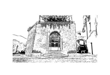 Print Building view with landmark of Ravello is the town in Italy. Vektörde elle çizilmiş çizim çizimi.