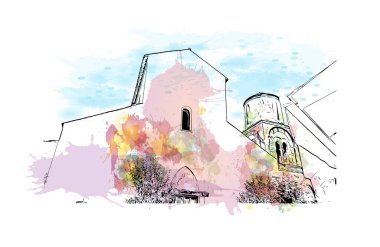 Print Building view with landmark of Ravello is the town in Italy. Vektörde elle çizilmiş resim ile suluboya sıçraması.