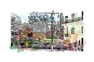 Print Building view with landmark of Ravello is the town in Italy. Vektörde elle çizilmiş resim ile suluboya sıçraması.