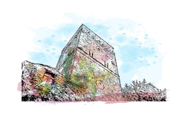 Print Building view with landmark of Ravello is the town in Italy. Vektörde elle çizilmiş resim ile suluboya sıçraması.