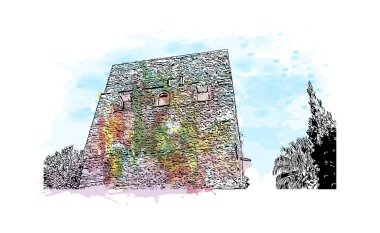 Print Building view with landmark of Ravello is the town in Italy. Vektörde elle çizilmiş resim ile suluboya sıçraması.