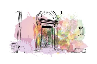 Print Building view with landmark of Ravello is the town in Italy. Vektörde elle çizilmiş resim ile suluboya sıçraması.