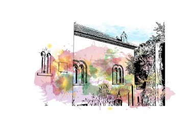 Print Building view with landmark of Ravello is the town in Italy. Vektörde elle çizilmiş resim ile suluboya sıçraması.