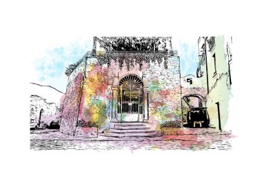 Print Building view with landmark of Ravello is the town in Italy. Vektörde elle çizilmiş resim ile suluboya sıçraması.