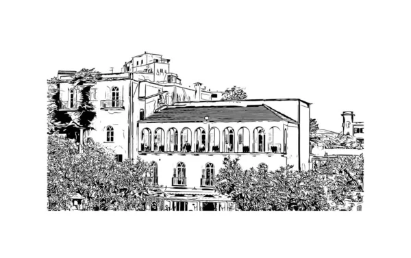 Imprimer Vue Bâtiment Avec Point Repère Ravello Est Ville Italie — Image vectorielle