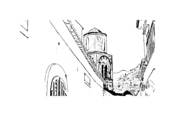 印刷ラヴェッロのランドマークとビルの景色はイタリアの町です 手描きのスケッチ図ベクトル — ストックベクタ