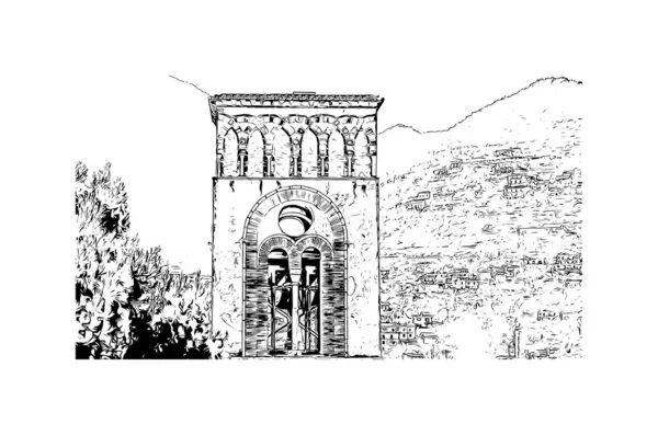Vytisknout Pohled Budovu Orientačním Bodem Ravello Město Itálii Ručně Kreslená — Stockový vektor