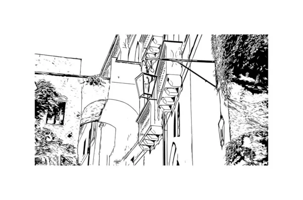 Print Вид Здание Достопримечательностью Равелло Город Италии Ручной Рисунок Векторе — стоковый вектор