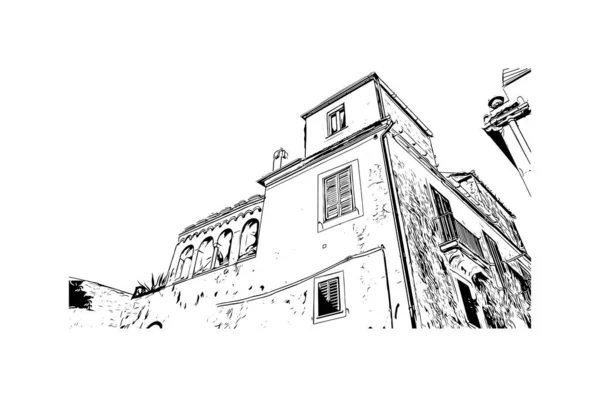 Print Вид Здание Достопримечательностью Равелло Город Италии Ручной Рисунок Векторе — стоковый вектор