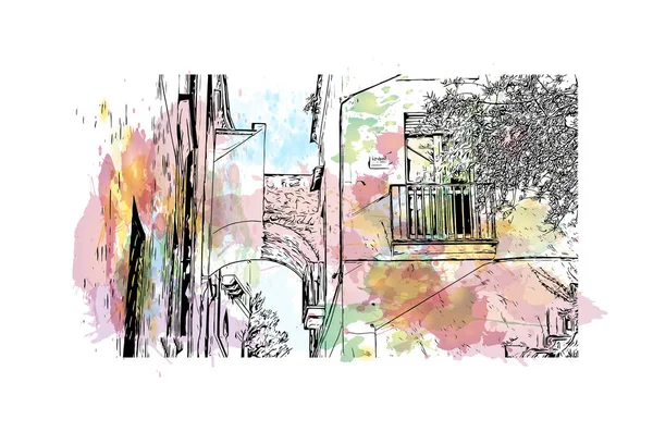Print Building View Landmark Ravello Staden Italien Akvarell Stänk Med — Stock vektor