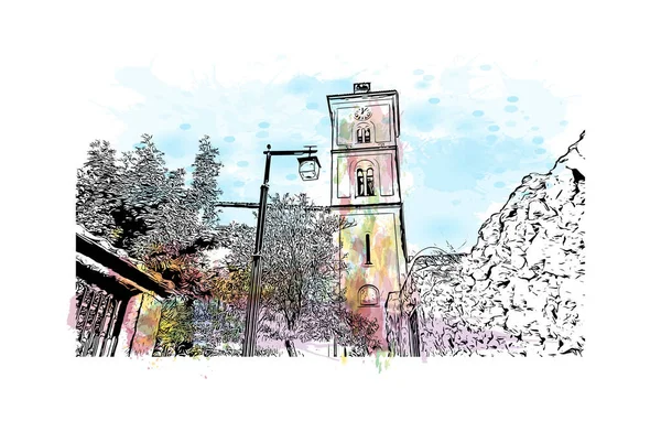 Print Building View Landmark Ravello Town Italy Watercolor Splash Hand — Stock Vector