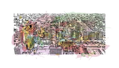 Quito 'nun simgesi olan Print Building view, Ekvador' un başkentidir. Vektörde elle çizilmiş resim ile suluboya sıçraması.