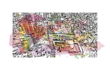 Quito 'nun simgesi olan Print Building view, Ekvador' un başkentidir. Vektörde elle çizilmiş resim ile suluboya sıçraması.