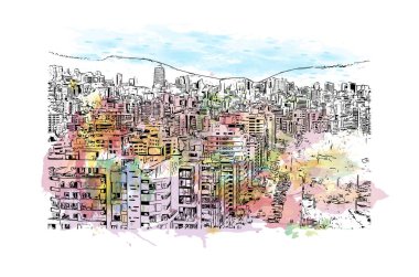 Quito 'nun simgesi olan Print Building view, Ekvador' un başkentidir. Vektörde elle çizilmiş resim ile suluboya sıçraması.