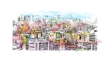 Quito 'nun simgesi olan Print Building view, Ekvador' un başkentidir. Vektörde elle çizilmiş resim ile suluboya sıçraması.