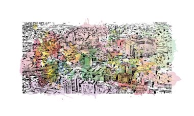 Quito 'nun simgesi olan Print Building view, Ekvador' un başkentidir. Vektörde elle çizilmiş resim ile suluboya sıçraması.