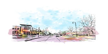 Print Building view with landmark of Rapid is the city in South Dakota. Vektörde elle çizilmiş resim ile suluboya sıçraması.