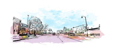 Print Building view with landmark of Rapid is the city in South Dakota. Vektörde elle çizilmiş resim ile suluboya sıçraması.