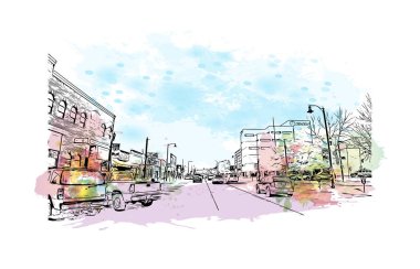 Print Building view with landmark of Rapid is the city in South Dakota. Vektörde elle çizilmiş resim ile suluboya sıçraması.