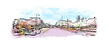 Print Building view with landmark of Rapid is the city in South Dakota. Vektörde elle çizilmiş resim ile suluboya sıçraması.