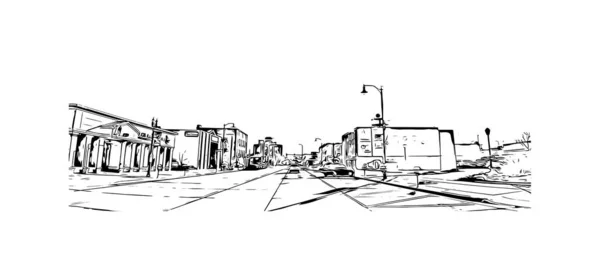 南达科他州的城市是具有快速地标的印刷建筑景观 矢量手绘草图 — 图库矢量图片